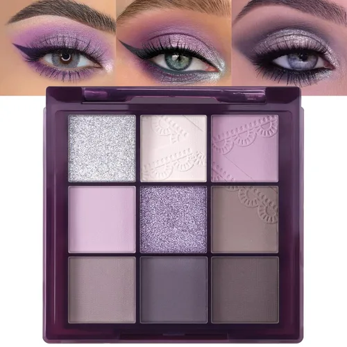 Vista 13 de Erinde Paleta de maquillaje de sombra de ojos de 9 colores con purpurina y lavanda brillante y mate, violeta, malva, púrpura oscura, plateado