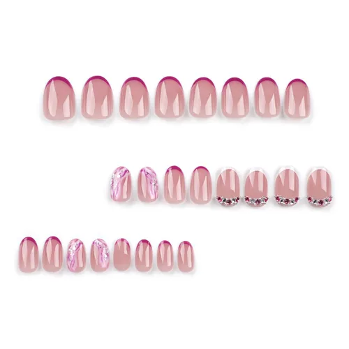 Vista 4 de Uñas postizas cortas de almendra a presión con punta francesa morada, uñas falsas ovaladas con diseños de ondas y diamantes de imitación, uñas