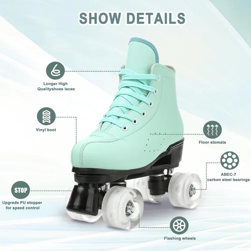 Vista 9 de Patines de ruedas para mujeres y hombres, zapatos altos de piel de vacuno, patines clásicos de doble fila, patines de cuatro ruedas para hombres