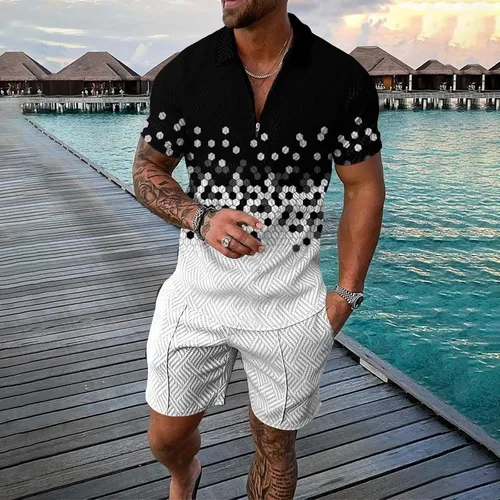 Vista 2 de Conjunto de camisa polo y pantalones cortos para hombre, trajes de verano a la moda, casual, de manga corta, traje deportivo para hombre, 2 piezas