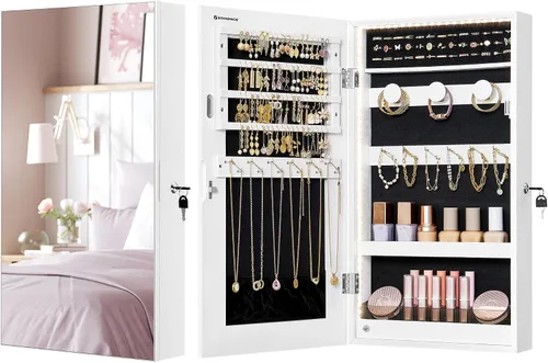 Vista 8 de SONGMICS Armario de joyería con espejo con luces LED integradas, organizador de almacenamiento de joyas montado en la pared o en la puerta, 3.8 x
