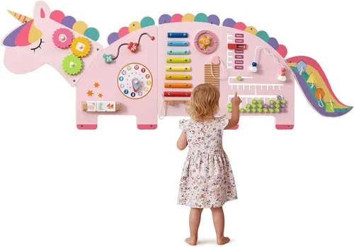 Vista 11 de Olakids Pared Sensorial de Búho, Panel de Tablero Ocupado Montessori de Madera 11 en 1 con Pizarra Blanca Magnética Espejo 26 Accesorios, Centro