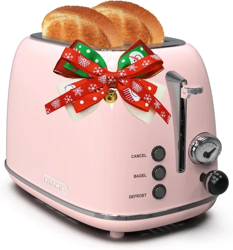 Vista 8 de Tostadora de 2 rebanadas, tostadora retro de acero inoxidable con 6 ajustes, ranuras extra anchas de 1.5 pulgadas, función de Rosa bebé