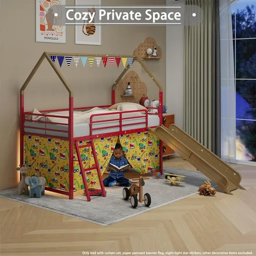Vista 4 de Cama tipo loft de metal tamaño individual con tobogán y cortina, cama tipo loft con escalera y riel de seguridad, marco de cama tipo loft para niños