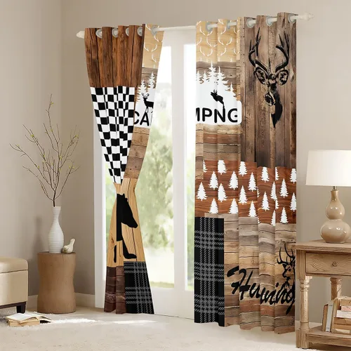 Vista 4 de Erosebridal Cortinas y cortinas geométricas de reno, con diseño de oso y ciervo, cortinas opacas con entramado a cuadros para dormitorio, bosque