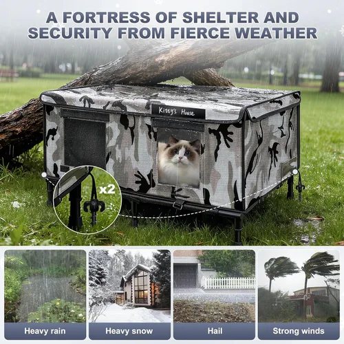 Vista 3 de Casa para gatos al aire libre – Refugio resistente a la intemperie para gatos con 2 puertas y cubierta para lluvia, casa impermeable para gatos