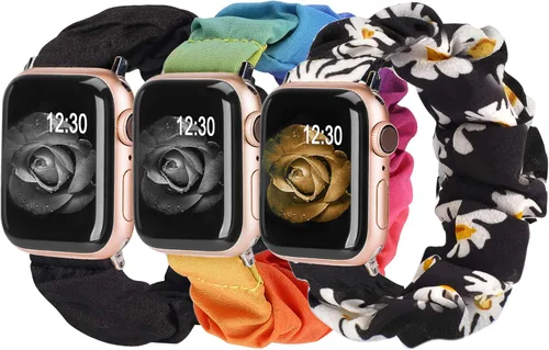 Vista 14 de TOYOUTHS - 3 paquetes compatibles con Apple Watch Band Scrunchies 1.496 in (38 mm) tela suave patrón impreso pulsera de tela para mujer iWatch