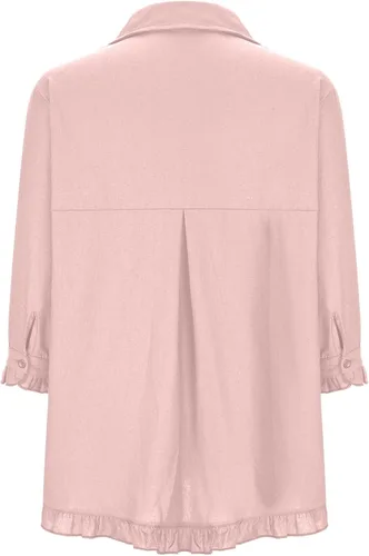 Vista 5 de Camisa de manga con codo y cuello para mujer, estilo simple, de color liso, holgada, casual, de algodón y lino