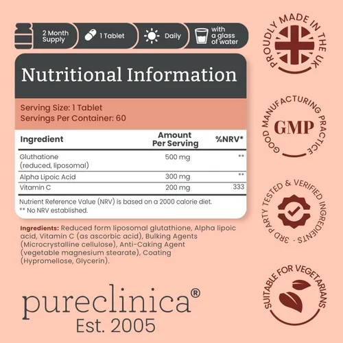Vista 2 de pureclinica Glutatión 1000mg – 120 tabletas (2 x 60) Alta resistencia con 500 mg de glutatión, 300 mg de ALA, 200 mg de vitamina C Apoyo