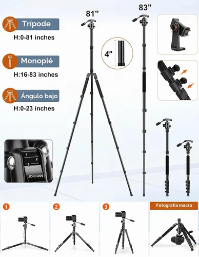 Vista 5 de Trípode de cámara JOILCAN, Trípodes y monópodos de aluminio de 83" con asa de metal, Trípode resistente para cámara DSLR, láseres, binoculares