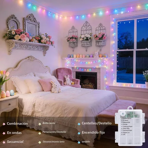 Vista 5 de JMEXSUSS 100 luces LED de Pascua de 33 pies, funciona con pilas, luces pastel para interiores y exteriores, luces coloridas para decoración de casa