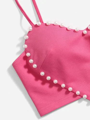 Vista 4 de WDIRARA Camisola sexy sin mangas con dobladillo asimétrico y perlas para mujer