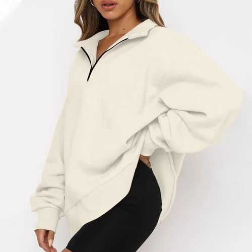 Vista 4 de Bidobibo Sudadera de manga larga con cremallera de un cuarto para mujer, sudadera lisa de moda para otoño