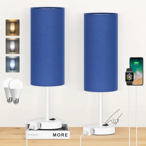 Vista 12 de ZJOJO Juego de 2 lámparas de mesa para dormitorio, lámparas pequeñas de noche con interruptor basculante regulable de 3 vías y toma de corriente