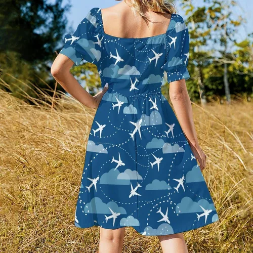 Vista 6 de Avión avión patrón avión patrón vestido de mujer con cuello en V vestidos de manga corta