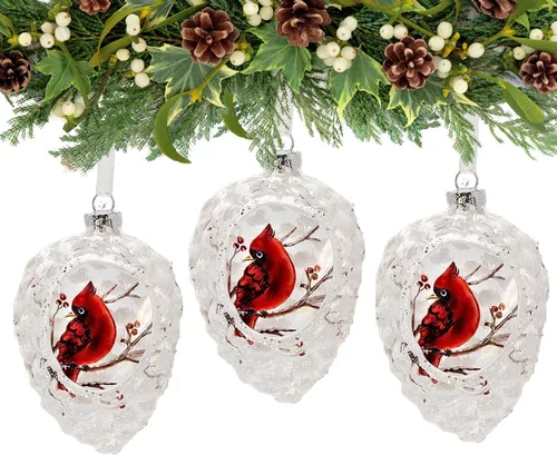 Vista 7 de Cardinals Adornos de Navidad – Juego de 3 – Adornos en forma de piña – Cardenal en una rama con bayas – 4 pulgadas de alto