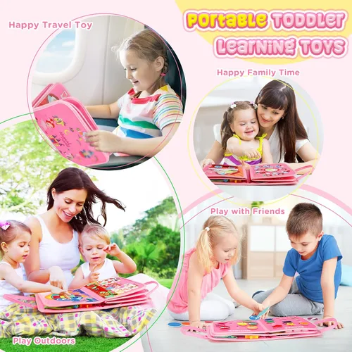 Vista 7 de URMYWO Tablero de actividades Montessori para niños de 1, 2, 3, 4 años, libro ocupado para actividades para niños con habilidades motoras finas, Rosa