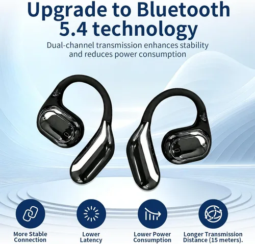 Vista 6 de Auriculares de oreja abierta, auriculares Bluetooth inalámbricos con micrófono, auriculares deportivos ultra cómodos con pantalla LED, sonido Negro