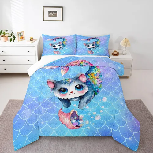 Vista 9 de Feelyou Juego de ropa de cama con estampado de aviones para niños y niñas, juego de funda de edredón de microfibra estilo boceto azul y blanco