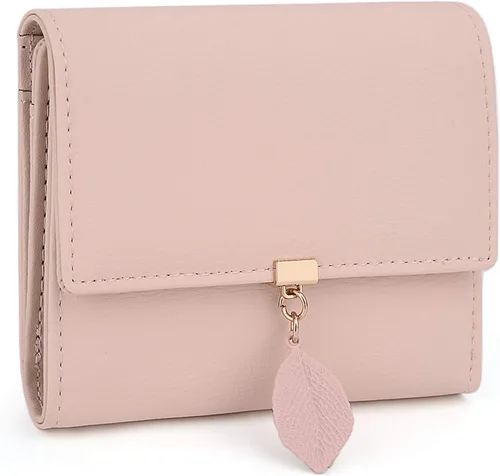 Vista 100 de UTO - Cartera pequeña RFID de piel sintética con dije de hoja, cierre de cremallera y tarjetero.