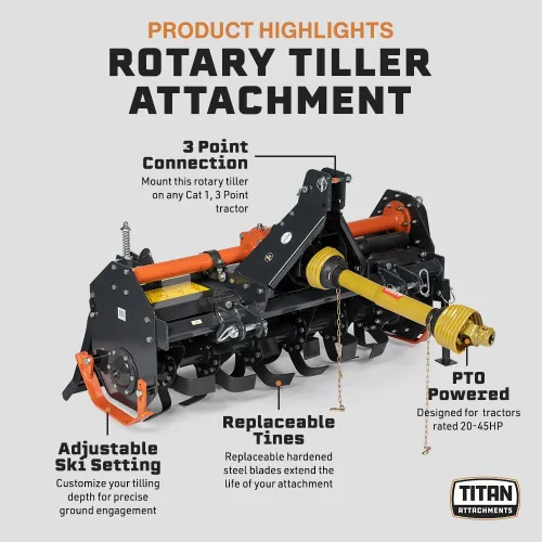 Vista 2 de Titan Attachments enganche de 3 puntos, accesorio de cultivador rotativo de 48" para tractores Cat 1, acabado en carbón, cultivador impulsado por