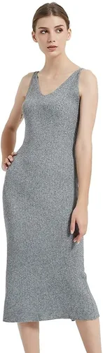 Vista 9 de RZIV Vestido de suéter sin mangas para mujer, de punto, delgado, con cuello en V, ajustado, elástico, ajustado