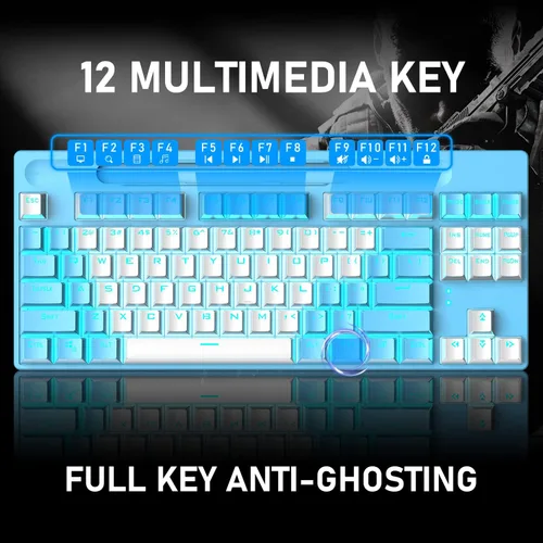Vista 4 de Teclado mecánico Bluetooth para juegos con retroiluminación múltiple de 87 teclas, antirfantasma, ergonómico, con cableinalámbrico, receptor USB