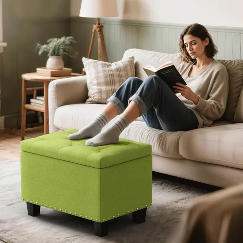 Vista 2 de MoNiBloom Banco otomano de 24 pulgadas con almacenamiento para dormitorio, banco contemporáneo de lino verde copetudo, reposapiés, taburete otomano