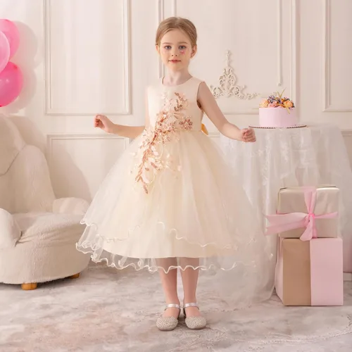 Vista 4 de Vestido formal para niña de flores, vestido formal para fiesta de cumpleaños, boda, bordado floral, vestidos de satén de tul para niños de 2 a 12