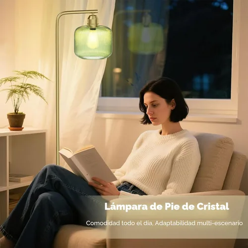 Vista 7 de Lámpara de pie de cristal para sala de estar, moderna lámpara de pie con pantalla de vidrio acanalado verde e interruptor de pedal, lámpara de pie