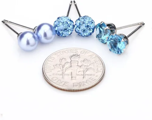 Vista 20 de JewelrieShop - Juego de aretes de tuerca de acero inoxidable con circonitas cúbicas y perlas de imitación, 3 pares de 0.236 in