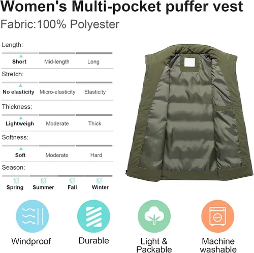 Vista 3 de Chrisuno Chaleco acolchado para mujer, estilo casual, con cuello alto, chaleco acolchado para esquí al aire libre