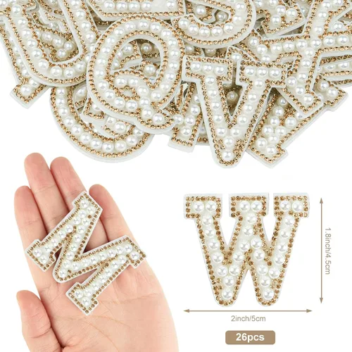 Vista 2 de Morcheiong 26 parches de letras con diamantes de imitación de perlas autoadhesivos de la A a la Z, parches de letras de perlas para ropa, tela