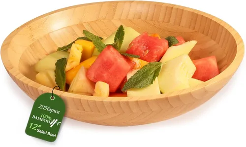 Vista 10 de Tazones de madera de bambú, cuenco redondo de 6 pulgadas para ensaladas, frutas, pasta, verduras, cuenco de sopa poco profundo artesanal de 17 onzas