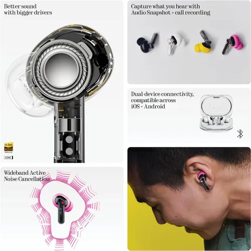 Vista 3 de Nothing Auriculares con cancelación de ruido Ear (3a), ANC híbrido de 45 dB, controlador de 0.472 in con audio de alta resolución y graves más Negro