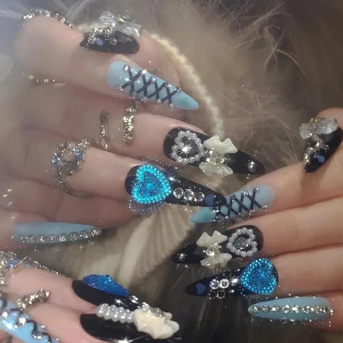 Vista 23 de BABALAL - Uñas postizas largas a presión, uñas postizas negras y rojas, uñas acrílicas de almendra con diseño gótico de vampiro, uñas adhesivas
