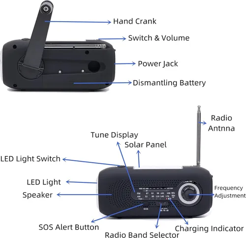 Vista 4 de Radio meteorológica Hank Crank, radio meteorológica NOAA, radio AM FM, radio de emergencia impermeable con linterna LED y cargador de teléfono