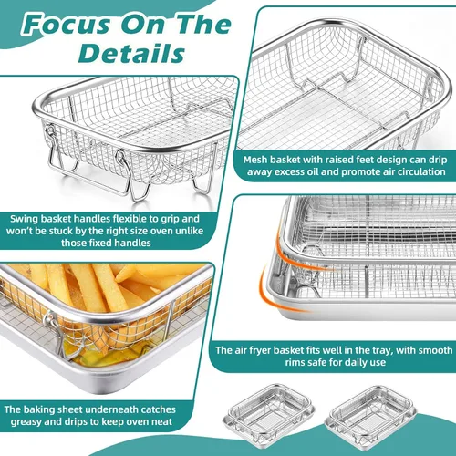 Vista 3 de TeamFar Paquete de 2 cestas para freidora de aire para horno, 9.3 x 7 x 1.9 pulgadas Stainless Steel, with Grease-Catching Tray, Less Oil &