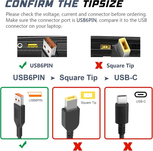 Vista 2 de Fancy Buying Cable USB de 65 W, 40 W, 6 pines (no punta cuadrada, no USB tipo C) Adaptador de cargador para Lenovo Yoga 3 Pro-1370 Yoga 3-1170 Yoga