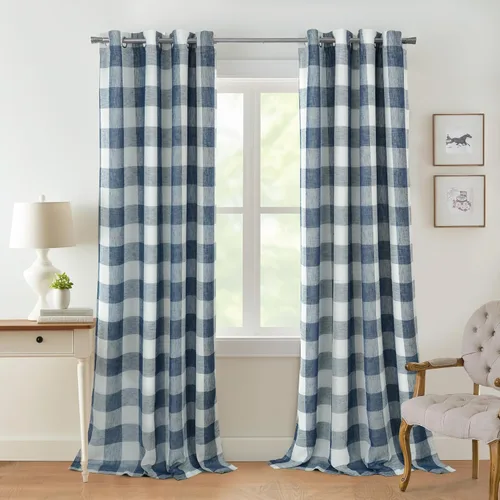Vista 34 de Cortinas de cuadros de búfalo DriftAway a cuadros negro y blanco extralargas con tratamiento ojo de sargento para dormitorio y sala de estar