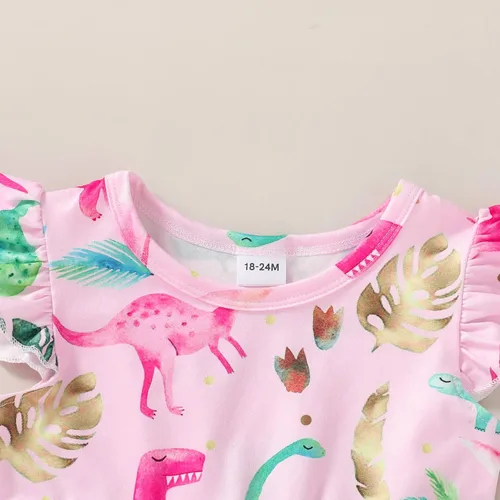 Vista 4 de Happy Town Vestido de dinosaurio para niñas y bebés, con volantes, manga con volantes, tutú de dinosaurio, vestido casual de verano