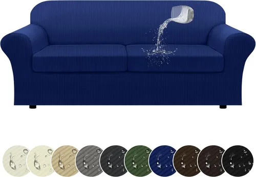 Vista 18 de Funda impermeable para silla con brazos, juego de 2 piezas, funda a rayas para 1 sofá separado con cojín en T, fundas de sillón de tela