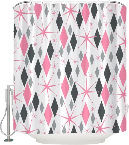 Vista 5 de Mid Century Shower Curtain Modern Blue Grey Abstract Geometric Atomic Vintage 1950s 60s Minimalist Retro Boho Fabric Curtain with Hook