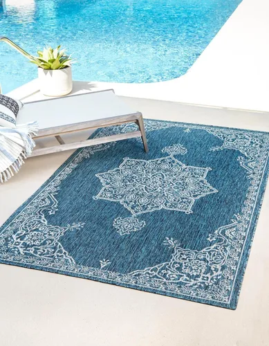 Vista 20 de Unique Loom Alfombra de la colección tradicional para exteriores, antigua (4 pies 1 pulgada, redonda, verde azulado/gris)