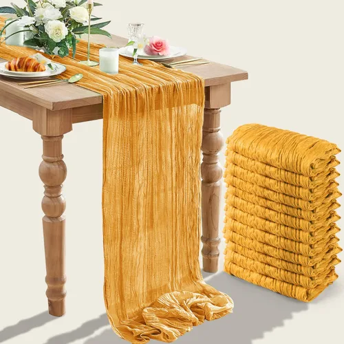 Vista 17 de Paquete de 12 caminos de mesa de gasa arrugada de 35 x 120 pulgadas, estilo bohemio, centros de mesa románticos para mesas, mantel versátil