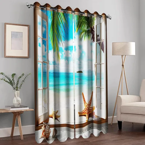 Vista 2 de Cortinas Opacas de Playa Oceánica con Palmeras Costeras, Conchas y Estrellas de Mar, Decoración de Costa, Cielo Azul Soleado de Verano, Cortinas