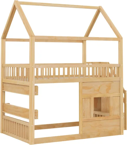 Vista 6 de Cama de casa de tamaño matrimonial con luz LED integrada y barandillas de seguridad, marco de cama de madera con escalera resistente para niños