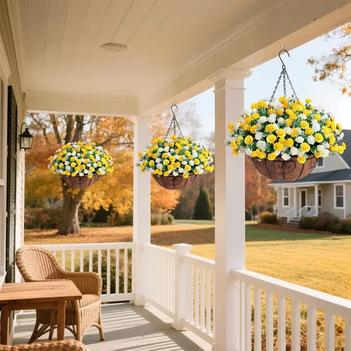 Vista 8 de Cesta de flores artificiales colgantes para decoración de primavera al aire libre, flores falsas de seda resistentes a los rayos UV, margaritas