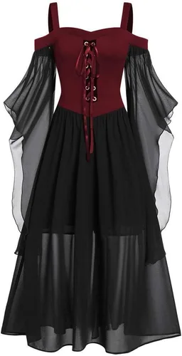 Vista 3 de SHOPESSA Disfraz medieval para mujer, con corsé, ropa gótica, hombros descubiertos, vestido de corsé steampunk, manga mariposa, vestido largo, marino