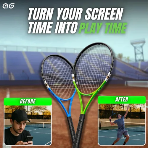 Vista 3 de Paquete de 2 raquetas de tenis para principiantes, paquete variado de dos colores con 2 pelotas de tenis, cinta de agarre, tarjetas de oferta